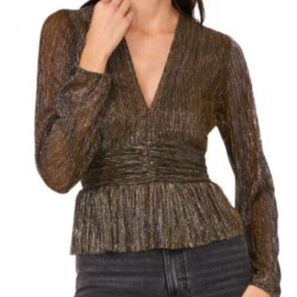 Parker Olivia Metallic V-Neck Peplum Blouse Long Sleeve Size Small - Picture 1 of 8